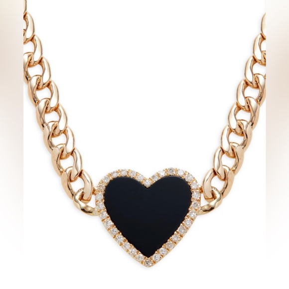 EFFY 14K YELLOW GOLD ONYX & DIAMOND HEART PENDANT NECKLACE - Picture 1 of 10